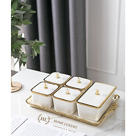 Mua Bộ Mứt Sứ Chữ Nhật Decor Siêu Xinh | Khay đựng bánh kẹo mứt tết 5 ngăn sứ có nắp Cao Cấp Hàn Quốc ( Hàng có sẵn