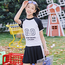 Bộ Đồ Bơi Bé Gái Hai Mảnh Hình Mèo Xinh BB032 MayHomes Áo Ngắn Tay Quần Bơi Dạng Váy Form One Size