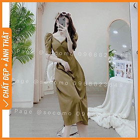 Đầm nữ cổ chữ V màu rêu tay bồng Socomo V272022 - Hàng loại 1, chất đẹp - Giá tốt