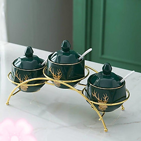 Mua Bộ 3 hũ đựng gia vị sứ khung kim loại mạ vàng đáng vòng cung xanh cổ vịt