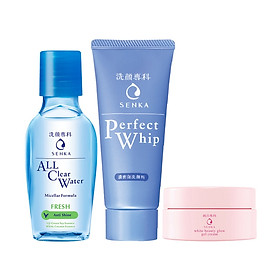 Bộ travel kit Senka dưỡng da sạch thoáng và ẩm mịn (Tẩy trang Fresh 70ml + SRM 50g + Kem dưỡng trắng da ban đêm 15g)