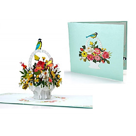 Thiệp 3D Pop Up Giỏ Hoa & Chim – Thiệp Hoa Chúc Mừng, Sinh Nhật, Tri Ân, Độc Đáo, F18