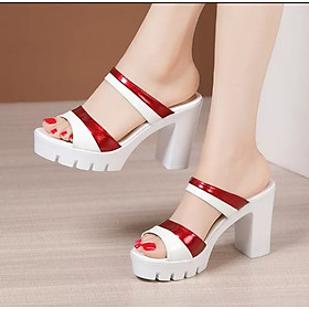 Dép cao gót đế thô 2 quai phối màu 9f