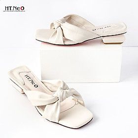 Sandal nữ HT.NEO gót vuông thiết kế đơn giản, trẻ trung, quai da thắt nơ