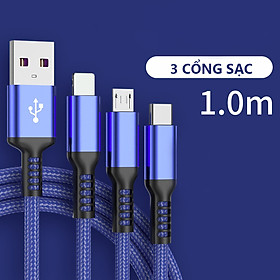 Dây cáp sạc nhanh bọc dù 100W - eXtreme DS5201 cáp sạc 3 đầu 1m chống đứt 6A type C Android, Light.ning IP - Hàng chính hãng - Xanh Dương