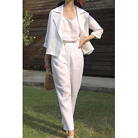 Set bộ 3 món Áo khoác nhẹ blazer Demi Linen công sở + Quần ống rộng + Áo 2 dây trẻ trung ArcticHunter - Trắng