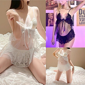 Bộ ngủ mặc nhà nữ quần đùi ren xuyên thấu áo hai dây xẻ ngực sexy