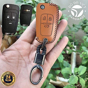 Bao da chìa khóa xe Chevrolet Spark, Cruze, Chìa điện gập 3 nút Da bò thật bảo hành 2 năm,chỉ lấy bao da - mầu vàng bò