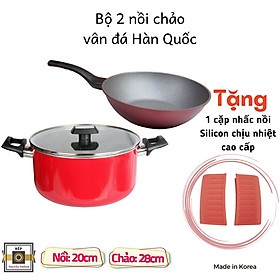 Mua Tặng cặp nhấc nồi silicon- Combo 2 món   nồi chống dính vân đá Kimscook size 20 cm và Chảo đúc chống dính Ecoramic Megastone sâu lòng tím 28 cm  dùng được tất cả các bếp( trừ bếp từ)