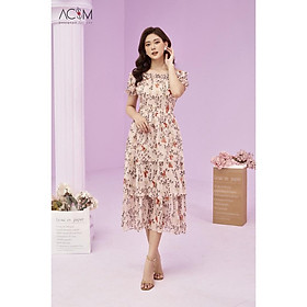 Đầm hoa 3 tầng chun vai AC&M chất liệu voan tơ họa tiết cherry màu nude