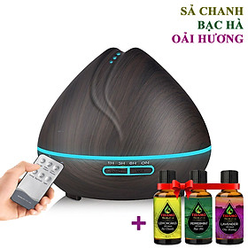 Máy Khuếch Tán Tinh Dầu 500ml Tặng 3 Chai Sả Chanh + Bạc Hà + Oải Hương 10ml Nhập Khẩu Ấn Độ | Xông Phòng 30m2 | Kèm Remote Điều Khiển | MKT20 Búp Sen Đen