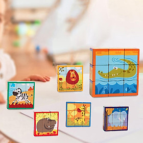 Wooden Cartoon Puzzle Learning Activities Montessori Fine Motor Skill with 5 Cards Shape Sorter Toy for Travel Toddlers Birthday Gift