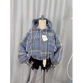 Áo Sơ Mi Sọc Caro Nỉ Mềm Mịn, Dây Kéo Cổ Cao, Nón Trùm, Có 2 Túi Trước, Logo Thêu, Size L,Xl