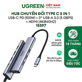 Mua Hub chuyển đổi Type C Ugreen 5 in 1 | Vỏ nhôm cao cấp | Truyền tải nhanh chóng |  Hàng chính hãng - Bảo hành 18 tháng 1 đổi 1 | 15596 15597 15495