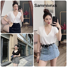 Áo phông cổ tim tay ngắn nữ SammivnxkÁo thun cổ tim nữ tay hến