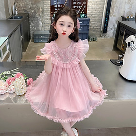 Váy công chúa bé gái cộc tay, Đầm dự tiệc cho bé 1-6 tuổi thêu hoa lấp lánh vải ren cao cấp điệu đà đáng yêu