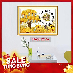 Tranh thêu chữ thập cây tài tộc đồng tiền vàng đồng hò KT 70x50cm