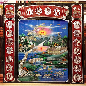 Tranh sơn mài , bộ thờ cúng Cửu Huyền Thất Tổ - ( 120x120cm) tông xanh