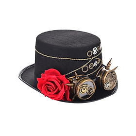 Steampunk Hat with Goggles Flower Black Top Hat Strap Adjustable Gift