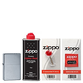 Combo 4 sản phẩm : Bật lửa Zippo Vintage Brushed Chrome 230+Xăng+Đá+Bấc