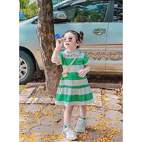 ĐẦM CHO BÉ GÁI KIỂU DÁNG POLO CỘC TAY KẺ TRẮNG XANH CHẤT COTTON THOÁNG MÁT THẤM MỒ HÔI SIZE 10KG-25KG