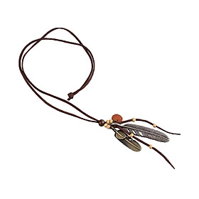 Vintage Women Metal Feather Pendant Necklace Wooden Beads Charms Sweater Necklace with Wax Rope