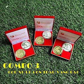 Combo 3 hộp nhung đựng xu con Trâu Úc màu vàng và bạc, vật phẩm phong thủy cầu may mắn, dùng trưng bày bàn sách, mang theo trong túi, làm quà tặng, tiền lì xì