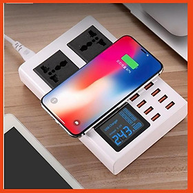 Mua Khuyến mãi - Ổ Cắm điện hỗ trợ sạc không dây kèm 8 cổng USB Koyo U8 Wireless Charger có màn hình LCD hiển thị