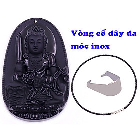 Mặt Phật Văn thù bồ tát đá thạch anh đen kèm vòng cổ dây da đen + móc inox trắng, mặt dây chuyền Phật bản mệnh, dây chuyền phong thủy