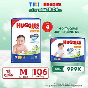 Tã/bỉm quần Huggies Skin Care Mega Jumbo M102+4 miếng với tràm trà dịu da