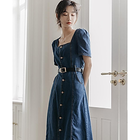 Đầm Dài Denim Cổ Vuông Siết Eo mks052