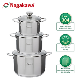 Mua Bộ 3 Nồi Inox 304 Đáy Từ 5 Đáy Nagakawa NAG1351 (16cm  20cm  24cm) - Hàng Chính Hãng