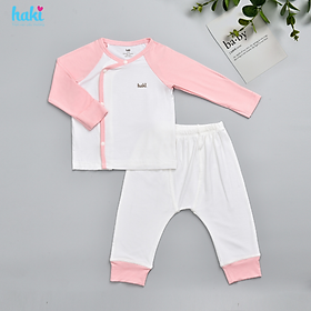 Bộ quần áo sơ sinh cài chéo, tay raglan phối màu vải Bamboo cao cấp Haki BB036, set dài tay cho bé trai bé gái từ 2,5 - 8kg, bộ sơ sinh sợi tre cho bé hàng chính hãng HAKI