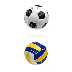 2x Round Sports Ball Wall Clock 12'' Quiet Non-Ticking Hanging Home Bedroom