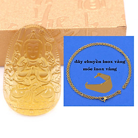 Hình ảnh Mặt Phật Thiên thủ thiên nhãn 5 cm (size XL) thuỷ tinh vàng kèm móc và dây chuyền inox vàng, Mặt Phật bản mệnh, Quan âm nghìn tay nghìn mắt