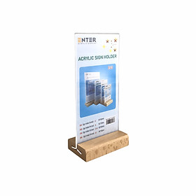 Kệ mica 2 mặt Enter E43 100x210mm đế gỗ 1/3A4 đứng, Kệ menu nhà hàng, Standee mica để bàn, Bảng quét mã QR Code