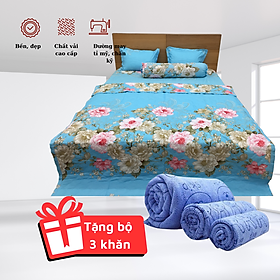 Bộ Drap Giường Có Chăn Hoa Xanh (bọc nệm dày tối đa 15 phân)