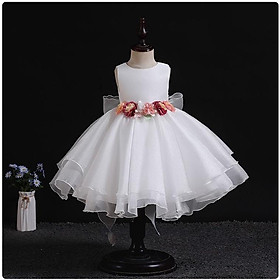 Đầm voan công chúa cho bé gái màu hồng trắng đính hoa nổi mặc tết noel dự tiệc cưới hàng Quảng Châu cao cấp