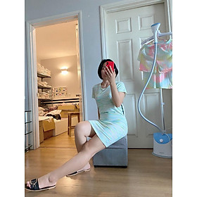 Váy loang dáng suông midi cotton màu xanh - Đầm thun hè ngắn tay mát mịn trẻ trung mặc nhà, dạo phố