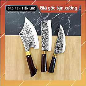 Bộ 3 Dao Nhà Bếp - Dao Chặt, Thái, Lọc Thép Nhíp Ô Tô Dập Vân 2 Mặt Cao Cấp