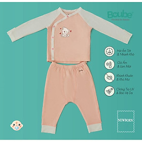 Bộ quần áo dài tay cúc bấm chéo phối màu cho em bé sơ sinh Boube, vải sợi tre Bamboo thông minh, thoải mái- Size newborn