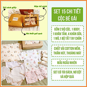 Set đồ sơ sinh cotton 18 chi tiết mùa xuân hè thu cho bé trai và bé gái (3 bộ bồ, 1 yếm choàng lớn, 1 gối, 1 yếm tròn nhỏ, 1 yếm tam giác, 4 khăn sữa, 1 mũ, 1 đôi tất tay, 1 đôi tất chân)