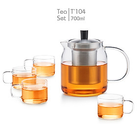 Bộ bình lọc trà thủy tinh lõi inox T'104 (Bình 700ml + 2 tách /4 tách)