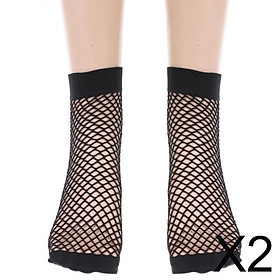 2xWomen Fishnet Ankle High Socks Mesh Lace Pearl Short Black Socks with soles