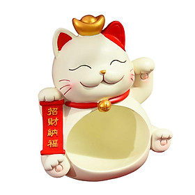 Resin Lucky Cat Sculpture Storage Bowl Desk Sundries Container for Decor
