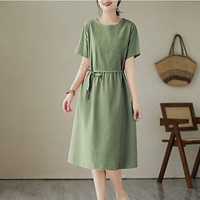 Đầm suông Linen nữ ngắn tay,form rộng, eo có dây thắt chất Linen mềm mát thời trang hè Đũi Việt