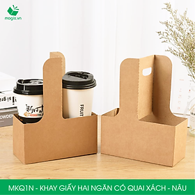 MKQ1N - 17.5x8x9 cm - Combo 100 Khay giấy 2 ngăn quai xách màu nâu siêu chắc, hộp giấy 2 ngăn chống thấm đựng ly nước, hoa và quà tặng