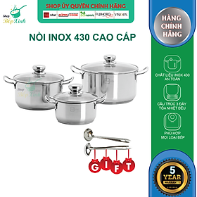 Bộ nồi inox Fivestar 6 món nắp kính 3 đáy dùng được bếp từ , hồng ngoại , gas