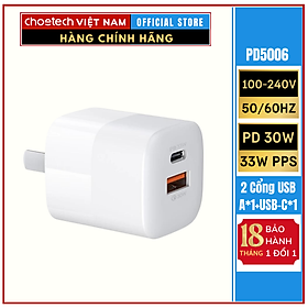 Adapter Củ Sạc 33W PPS/ PD 30W / QC 3.0 1 Cổng Type C 1 Cổng USB Nhỏ Gọn CHOETECH PD5006 Sạc Nhanh iPhone, iPad, Samsung - Hàng Chính Hãng