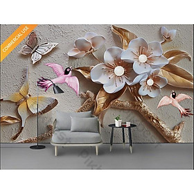 Tranh phù điêu hoa chim và bướm, Tranh 3d dán tường hiện đại trang trí phòng khách phòng ngủ(tích hợp sẵn keo) MS1035928